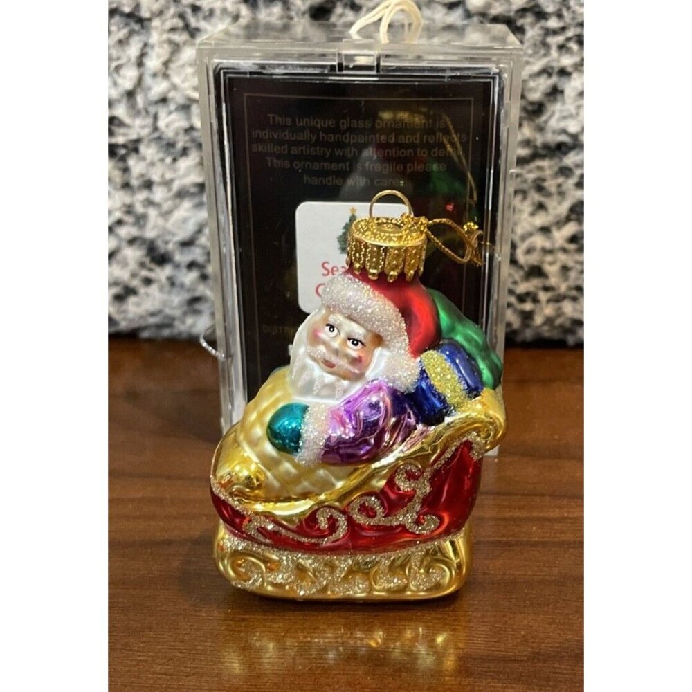 Vtg Santa Glass Christmas Ornament Red Sleigh Glitter 3" Boxed 2003 Target